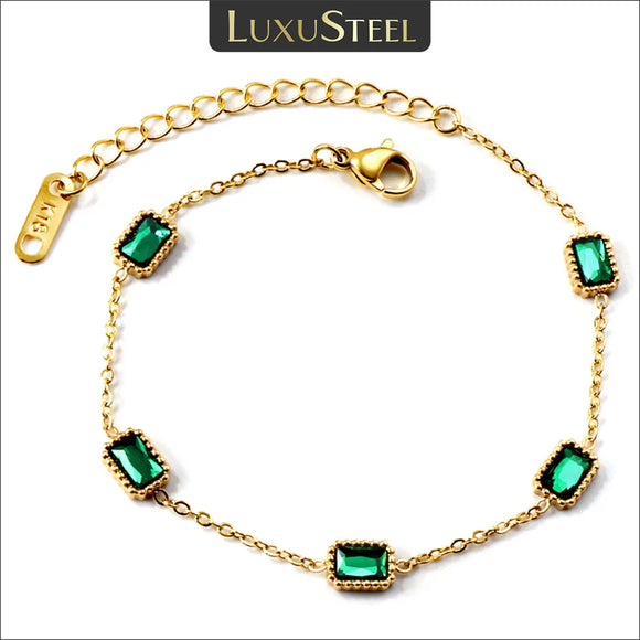 LUXUSTEEL Minimalist Green Cubic Zirconia Square Charm Bracelets for Women 18K Gold Plated Stainless Steel Waterproof Jewelry