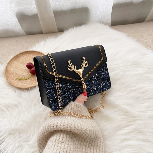 OkoLive SB0030 Women Cute New Fashion Elk Tassel Chain Women's Small Bag Frosted Sequin Diagonal Cross Bag Gift For Young Girl