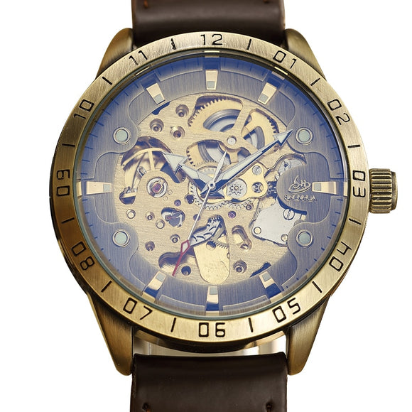 SHENHUA Retro Luxury Men's Mechanical Movement Wristwatch Leather Strap Unique Hollow Design Big Dial Watch Fashion Gift Set New