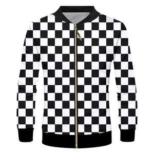 OGKB Men&#39;s Casual Jacket Long Sleeve Stand Collar Zipper Jackets Printed Black White Grid 3D Coats Man Fit Slim Fitness Overcoat