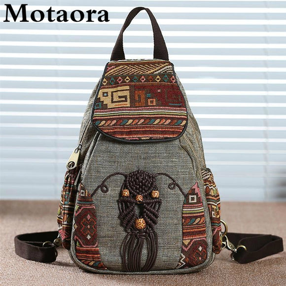 Motaora Handmade Backpack Women's Vintage Canvas Backpacks National Style Geometrical Printed Bag Female Simple Travel Backpack