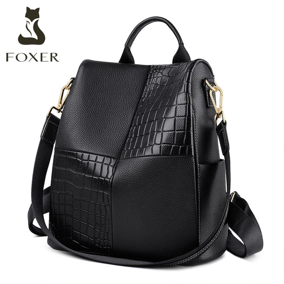 FOXER Women's Backpack Large Capacity Travel Rucksack Ladies Soft Split Leather Business Satchel Female Casual Shoulder Bags