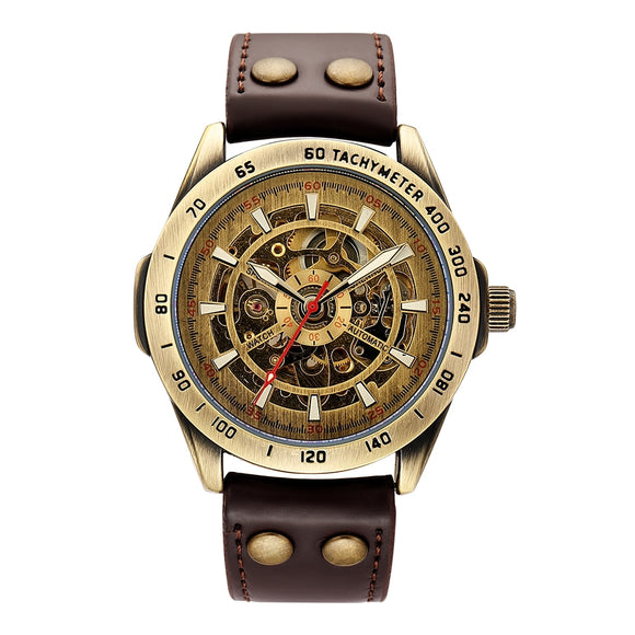 SHENHUA Mechanical Watch Men Retro Bronze Sport Luxury Top Brand Leather Watch Skeleton Male Automatic Watches Relogio Masculino