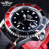 Winner 2018 Fashion Black Red Sport Watches Calendar Display Automatic Self-wind Watches for Men Luminous Hands Genuine Leather