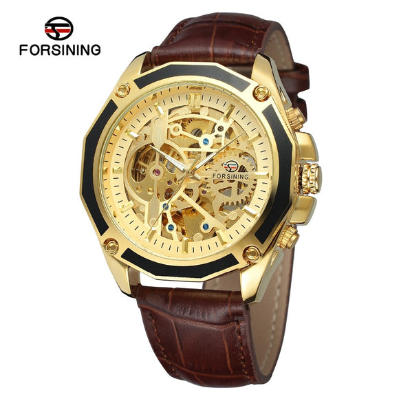 Fashion FORSINING Top Brand Men Skeleton Mechanical Watch Reloj Hombre Automatic Movtment Man Clock Genuine Leather Luxury Gold