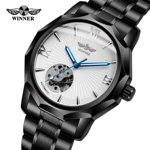 Winner Top Brand 2019 Black Stainless Steel Fashion Blue Hands Mens Mechanical Watch Luxury Irregular Shape Dial Luminous Hands