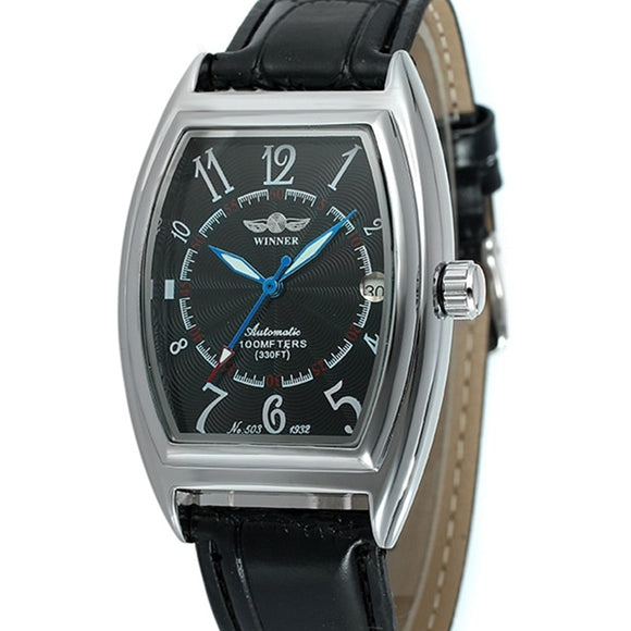 T-WINNER Automatic Military Wristwatch Transparent Men Mechanical Watches Leather Strap Man's Rectangle Outdoor Watch Calendar