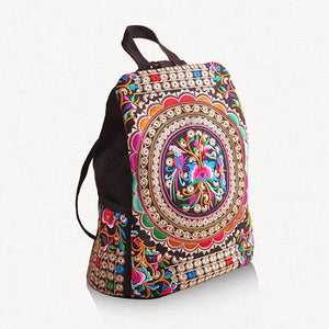Veowalk Vintage Artistic Embroidered Women Canvas Backpacks Handmade Floral Embroidery Rucksack Schoolbag Denim Travel Bags