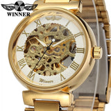 Fashion Winner Top Brand Retro Roman Gold Skeleton Mechanical Men Luminous Hands Relogio Gold Stainless Steel Transparent Watch