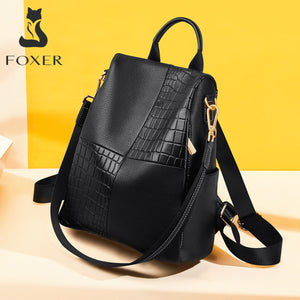 FOXER Women&#39;s Backpack Large Capacity Travel Rucksack Ladies Soft Split Leather Business Satchel Female Casual Shoulder Bags