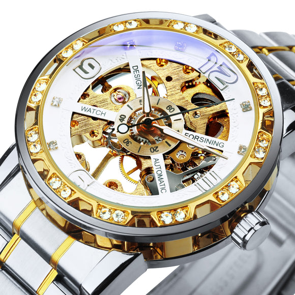 Forsining Transparent Skeleton Men Mechanical Watch Iced Out Watches Mens 2021 Luxury Royal Stainless Steel Band часы мужские