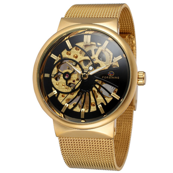 Forsining Fashion Luxury Skeleton Automatic Mechanical Men Watch Stainless Bracelet Mesh Strap Men's Watches Relogio Masculino
