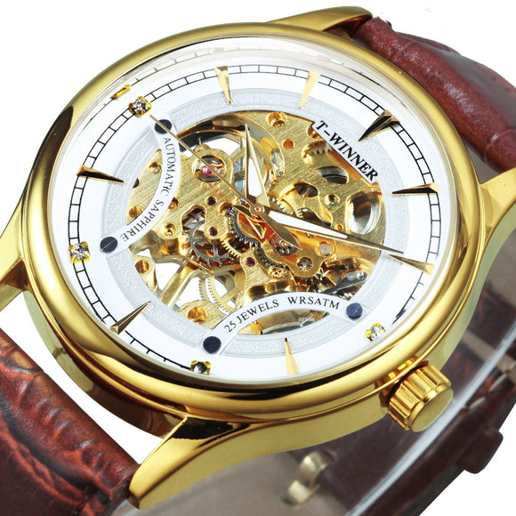 WINNER Fashion Luxury Wrist Watches For Men Golden Mechanical Watch Leather Strap Skeleton Dial Classic Business Reloj Hombre