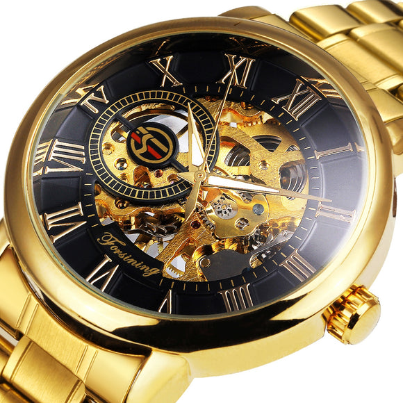 FORSINING Gold Skeleton Mechanical Men's Watches Top Brand Luxury Male Watch Stainless Steel Strap Fashion Business часы мужские