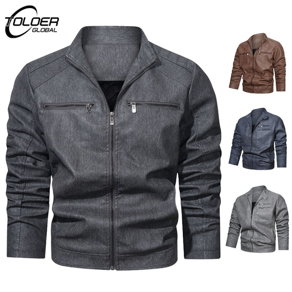 Autumn Winter Casual Solid Fashion Slim Bomber Jackets High Quality Men's Zip Collar Outdoor Windbreaker Fleece Jacket Warm Coat