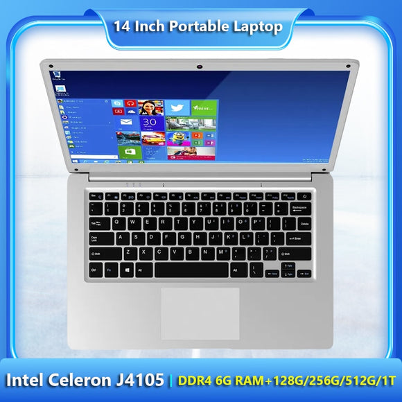14.1 Inch Windows 10 Laptop Intel Celeron J4105 Quad Core 2.5GHz DDR4 6GB RAM+128G ROM Ultra Thin Laptops for Students & Office