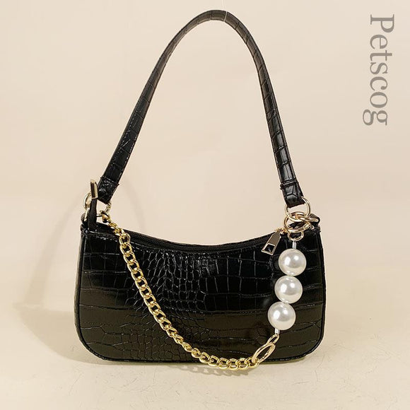 Petscog Vintage Women's Shoulder Bags 2022 Pearl Chain Strap Handbags Stone Pattern Designer Bag Fashion Ladies Purse Bolso