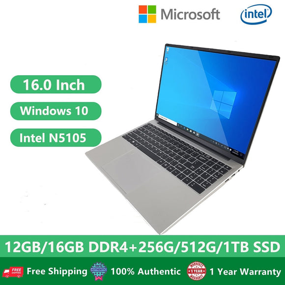 2023 Office Laptop Business Windows 10 Learning Computer NoteBook 16 inch Netbook Intel N5105 16GB RAM +1TB M.2 Camera Bluetooth