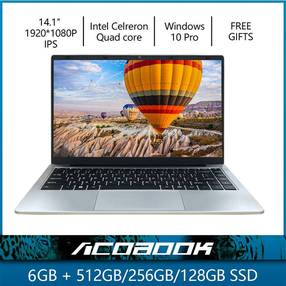 Laptop 6GB RAM 128/256/512GB SSD Notebook Windows 10 Pro Intel J4105 Celeron Quad Core 14.1" Display laptop WIFI BT HDMI