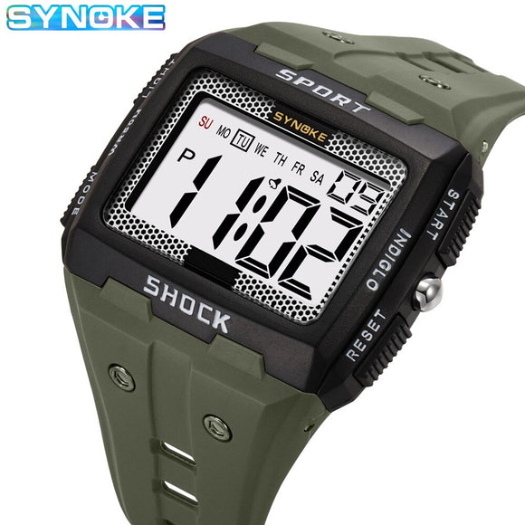 SYNOKE New For Men Sports Electronic Watch Waterproof Night Glow Large Screen Square Student Watch Outdoor Running Camping
