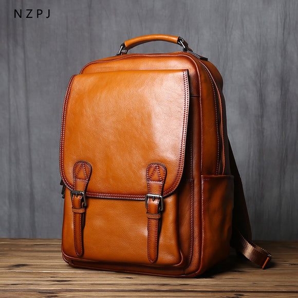 NZPJ Leather Men's Backpack Natural Cowhide Schoolbag Fashion Computer Bag Casual Men's Bag Suitable For 16 Inch Laptop