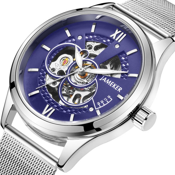 JAMEKER Transparent Silver Blue Luxury Casual Design Steel Strap Mens Watches Top Brand Luxury Mechanical Skeleton Wristwatches