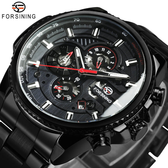 Forsining Black Sports Mechanical Watches Fashion Three Dial Calendar Military Automatic Men Watch Luxury Stainless Steel Strap