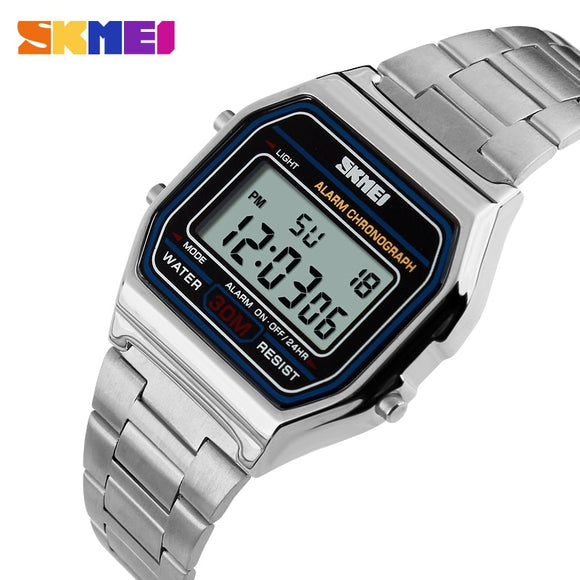 SKMEI Fashion Casual Sport Watch Men Stainless Steel Strap LED Display Watches 3Bar Waterproof Digital Watch reloj hombre 1123