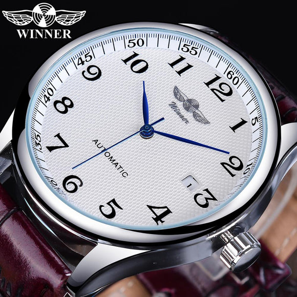 Winner Retro Classic Design Calendar Brown Belt Blue Hands Men's Fashion Automatic Mechanical Watches Top Brand Luxury Relogios