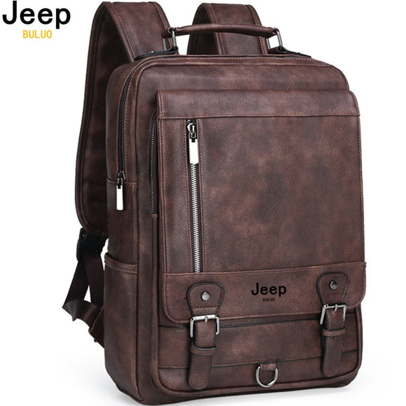JEEP BULUO Fashion Leather Men Backpack Business Male 15.6" Laptop Bag Daypacks Large Capacity Travel College School Bag