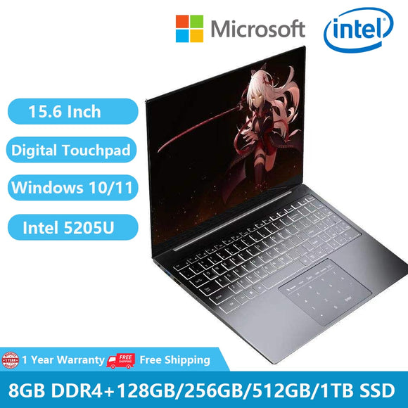 2022 Metal Ultra Thin Laptap with Digital Touchpad Windows 10 Office Notebooks Gaming 15.6" Intel Celeron 5205U 8GB RAM Netbook