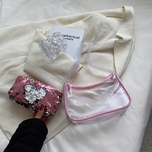 New Fashion Transparent Sequins Shoulder Underarm Bags for Women PVC Clear Small Handbags Totes Casual Ladies Shoulder Bags