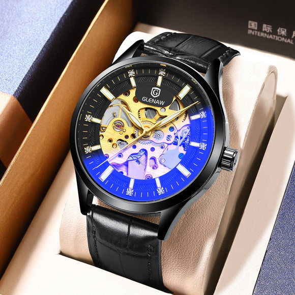 GLENAW Watch Automatic Men's Watch Skeleton Fashion Mechanical Watch Luxury Stainless Steel Waterproof Watch Men's Reloj Hombre