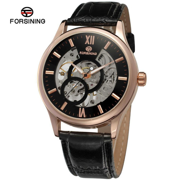 2023 New FORSING Men's Mechanical Watch Black Fashion Casual Manual Wrist Stainless Steel Watch Band