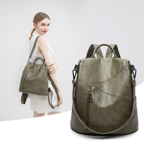 Green Backpack Women Urban Bags Vintage Leather Backpacks Waterproof Large Pocket Backbag Business Female Travel Bag Anti-theft