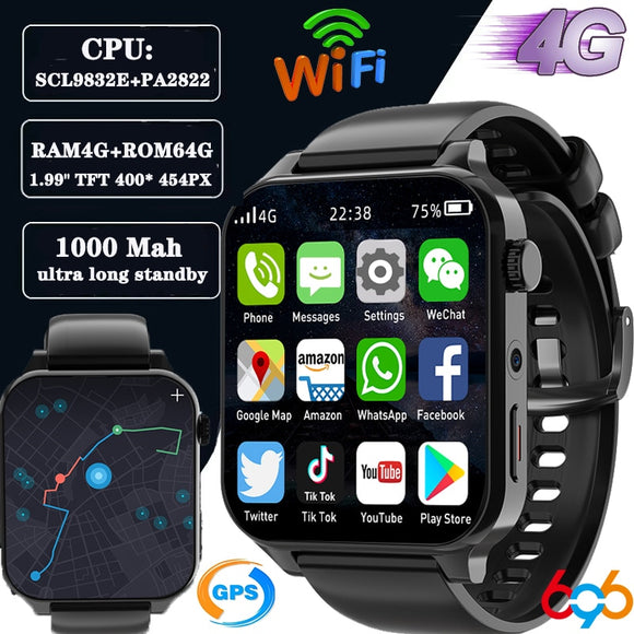 2023 RAM 4GB ROM 64GB 1.99 Inch 4G Call Smart Watch GPS Wifi Dual Camera SIM Heartrate Testing Waterproof Sports Men Smartwatch