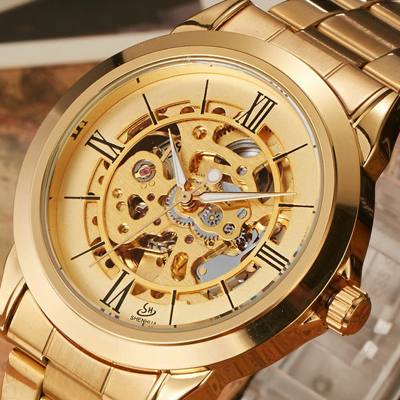Mens Watch Skeleton Roman Numerals Luxury Mechanical Stainless Steel Waterproof Gold Automatic Self-Winding Wrist Male Clock