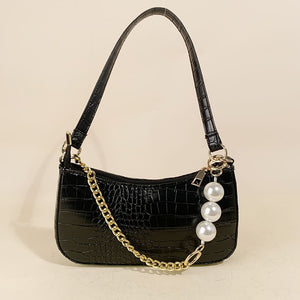 Petscog Vintage Women&#39;s Shoulder Bags 2022 Pearl Chain Strap Handbags Stone Pattern Designer Bag Fashion Ladies Purse Bolso
