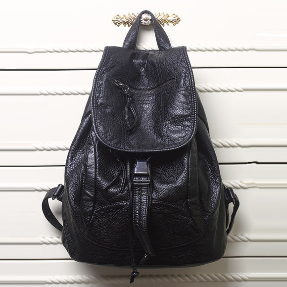 MJ Soft Leather Women Backpack Large Travel Bag PU Leather Female Daypack Black Backpack School Bag for Teenage Girls