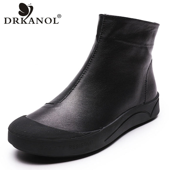 DRKANOL Autumn Winter Genuine Leather Flat Ankle Boots For Women Warm Boots Side Zipper Soft Comfortable Cow Leather Botas H8066