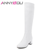 ANNYMOLI Knee High Boots Winter Women Shoes Zipper High Heel Tall Boots Sewing Thick Heel Ladies Boots New Black Big Size 33-43