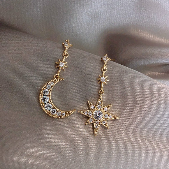 2019 New Arrival Crystal Trendy Star Women Dangle Earrings Star-moon Asymmetric Earrings  Drop Earrings Jewelry Earrings