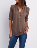 Sexy V Neck Zipper Short Sleeve Women Shirts Solid Womens Tops and Blouses Casual Tee Shirts Tops Female Clothes Plus Size 5XL