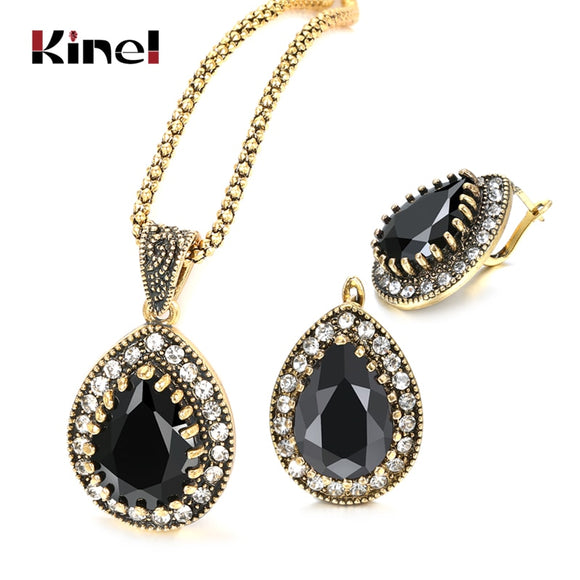 Kinel Black Stone Woman Jewelry Set Fashion Dubai Gold Drop Earrings Necklace Vintage Wedding Jewelry Wholesale