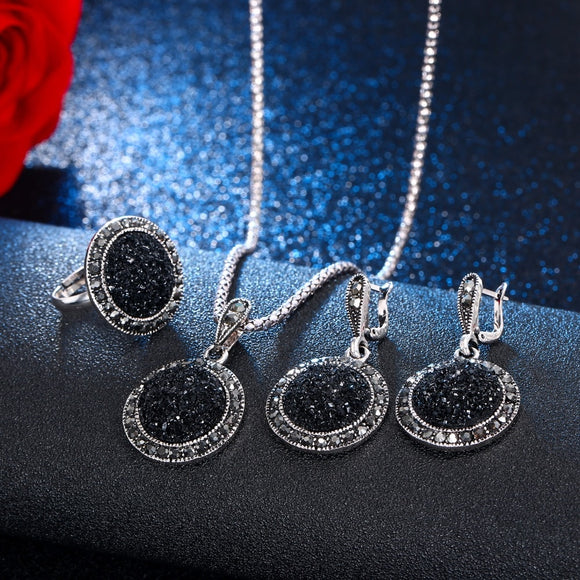 VKME Vintage Crystal Round Jewelry for Women Charm Necklace Earrings Color Black Fashion Party Earring Jewelry New arrival