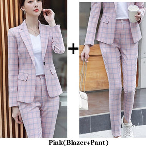 Casual Women Plaid Pant Suit New Slim Blazer And Pant 2 Piece Set Suit Pink Apricot S-4XL