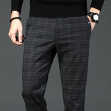 2019 New Men's Casual Plaid Pants Business Casual Slim Fit Dark Grey Classic Style Elastic Trousers Male Brand Clothes