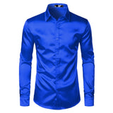 Royal Blue Silk Satin Shirt Men 2019 Luxury Brand New Slim Fit Mens Dress Shirts Wedding Party Casual Male Casual Shirt Chemise