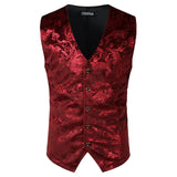 Mens Red Paisley Bronzing Vest Single Breasted V-Neck Wedding Suit Vests Men Gothic Aristocrat Steampunk Victorian Gilet Homme