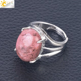 CSJA Women Ring Natural Stone Pink Quartz Purple Crystal Opening Rings Opal Oval Bead Adjustable Size Party Fashion Jewelry F551